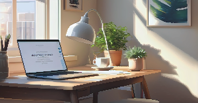 A peaceful home office with a laptop, coffee cup, notepad, and a potted plant, illuminated by sunlight from the window.