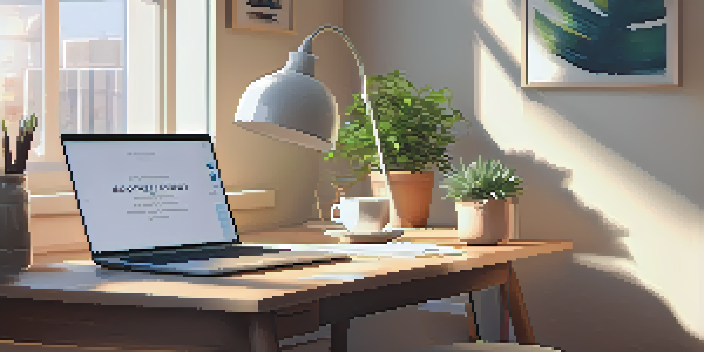 A peaceful home office with a laptop, coffee cup, notepad, and a potted plant, illuminated by sunlight from the window.
