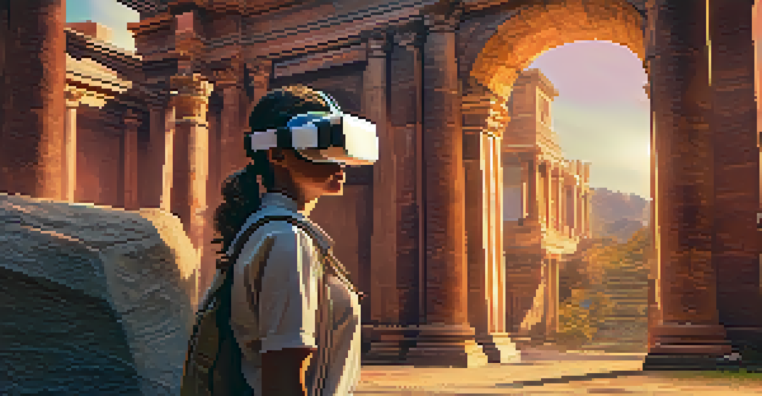 A student using virtual reality goggles to explore ancient ruins in a futuristic learning environment.