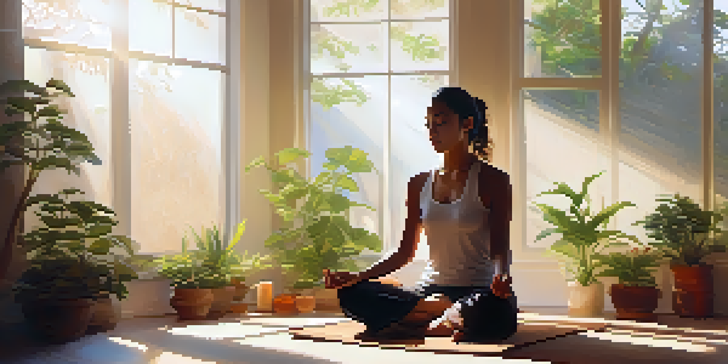 A person meditating in a tranquil room filled with plants and candles, illuminated by warm sunlight.