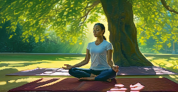 A person meditating under a large tree, with sunlight filtering through the leaves, surrounded by greenery and flowers.