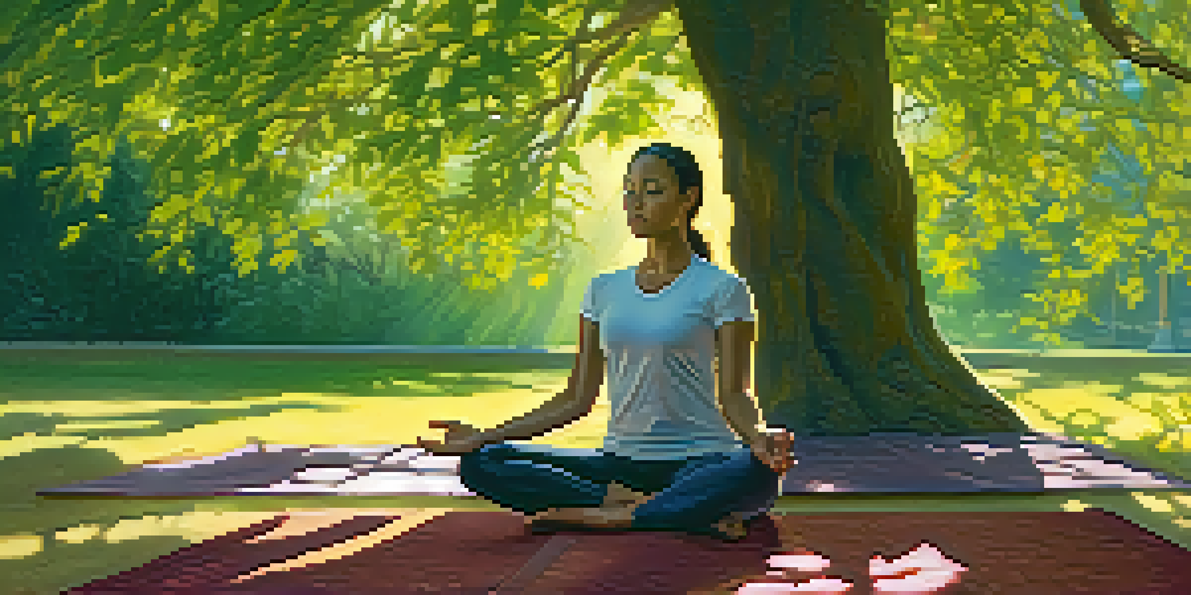 A person meditating under a large tree, with sunlight filtering through the leaves, surrounded by greenery and flowers.