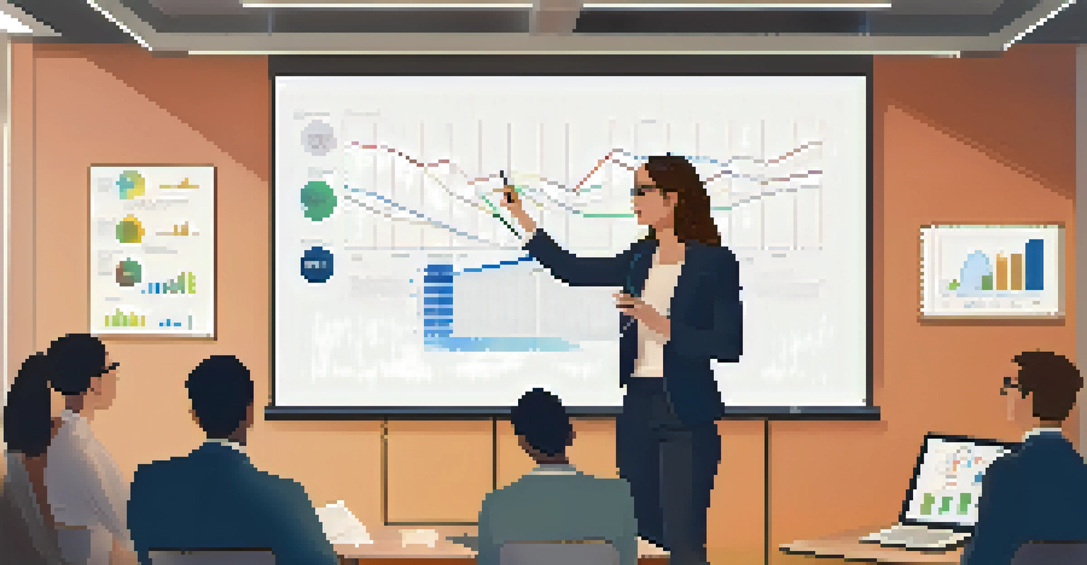 A person presenting in an office, using gestures and showing graphs while the audience is engaged.