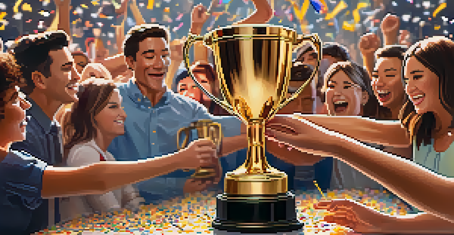 A hand placing a trophy on a table with confetti and a cheering crowd in the background, symbolizing celebration of success.