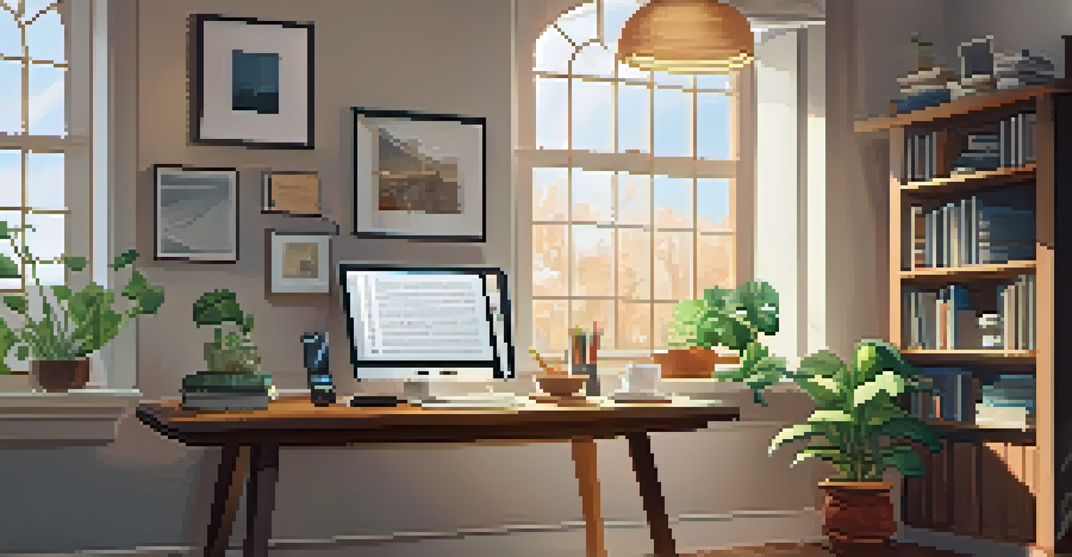 A cozy home office with a person studying on a tablet, surrounded by books and a plant, illuminated by natural light from a window.