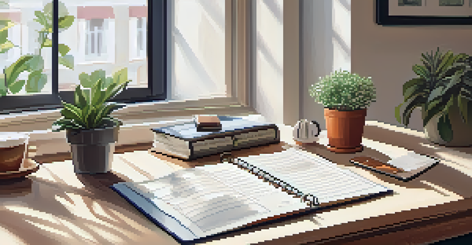 A desk with a planner showing SMART goals, a coffee cup, and a plant, illuminated by natural light.
