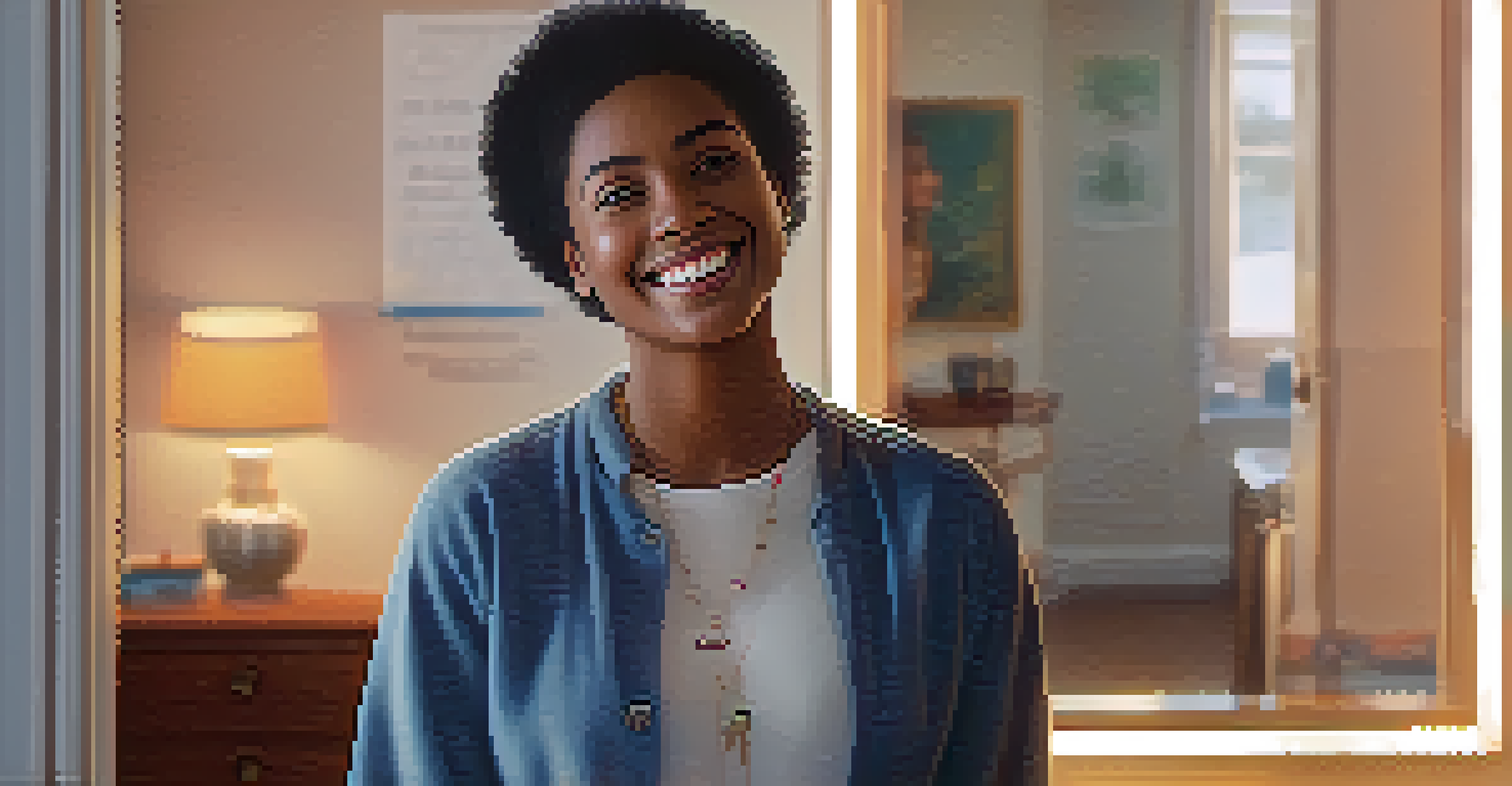 A person smiling at themselves in the mirror, surrounded by positive affirmations, symbolizing positive self-talk and resilience.