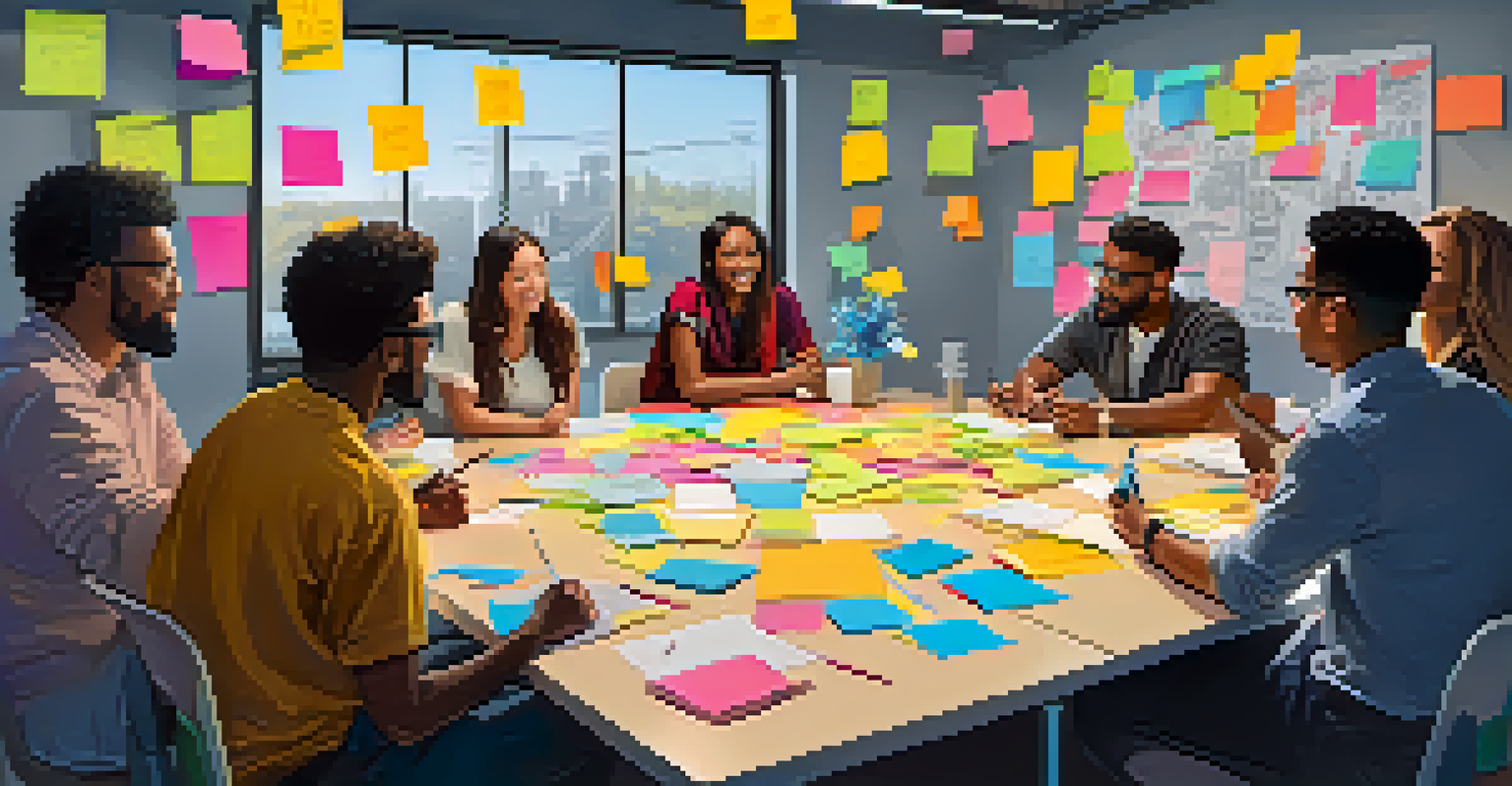 A diverse group of individuals brainstorming around a colorful table filled with notes and sketches, reflecting a supportive and innovative atmosphere.