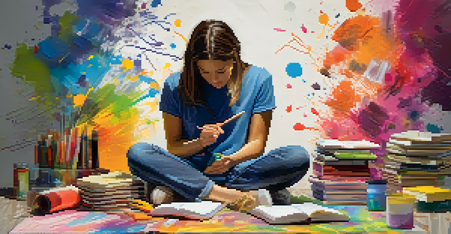 A person sitting on the floor surrounded by colorful journals and art supplies, writing in a journal with vibrant splashes of paint in the background.