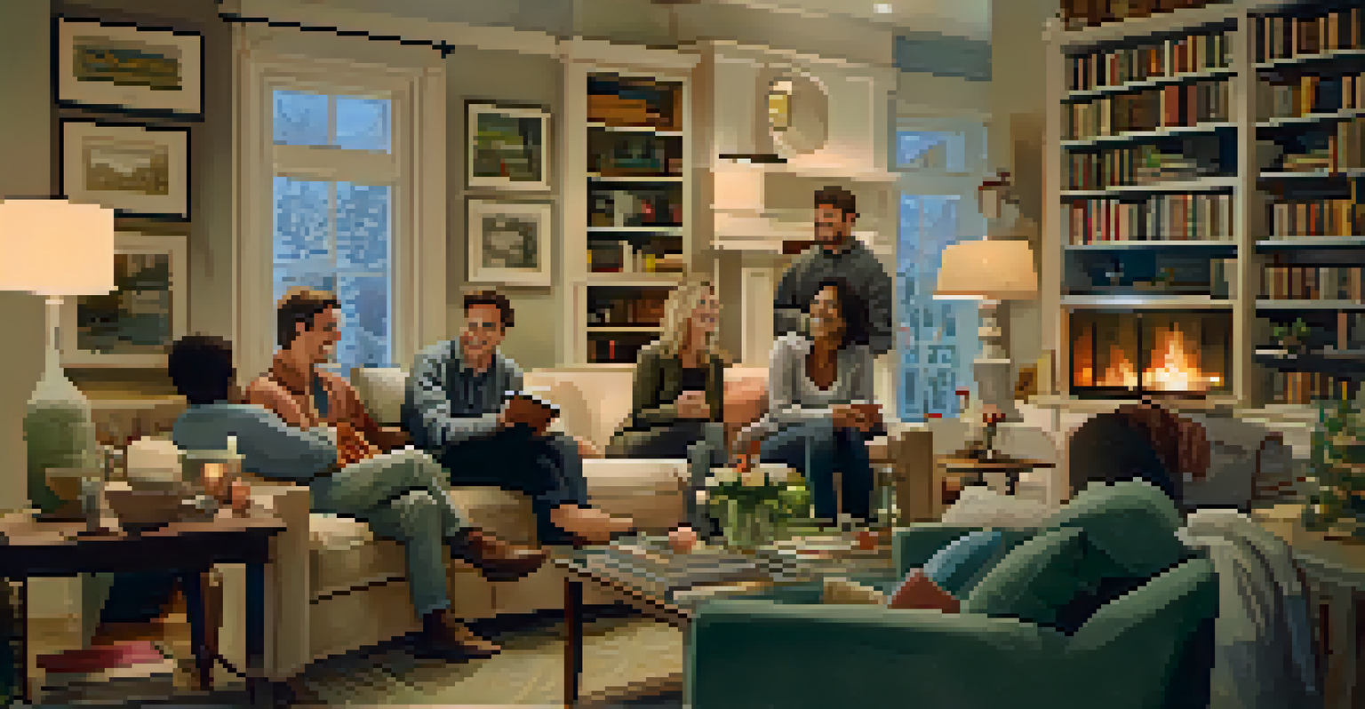 A group of friends enjoying a cozy evening together in a warmly lit living room.