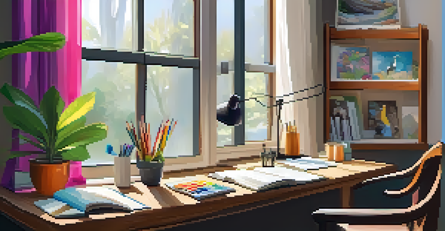 A bright and inspiring workspace with a wooden desk, art supplies, and colorful artwork on the walls.