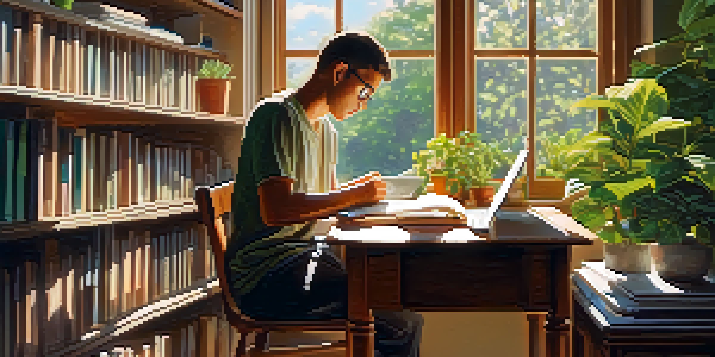 A person focused on personal growth planning at a wooden desk, illuminated by sunlight with books and a laptop around them.