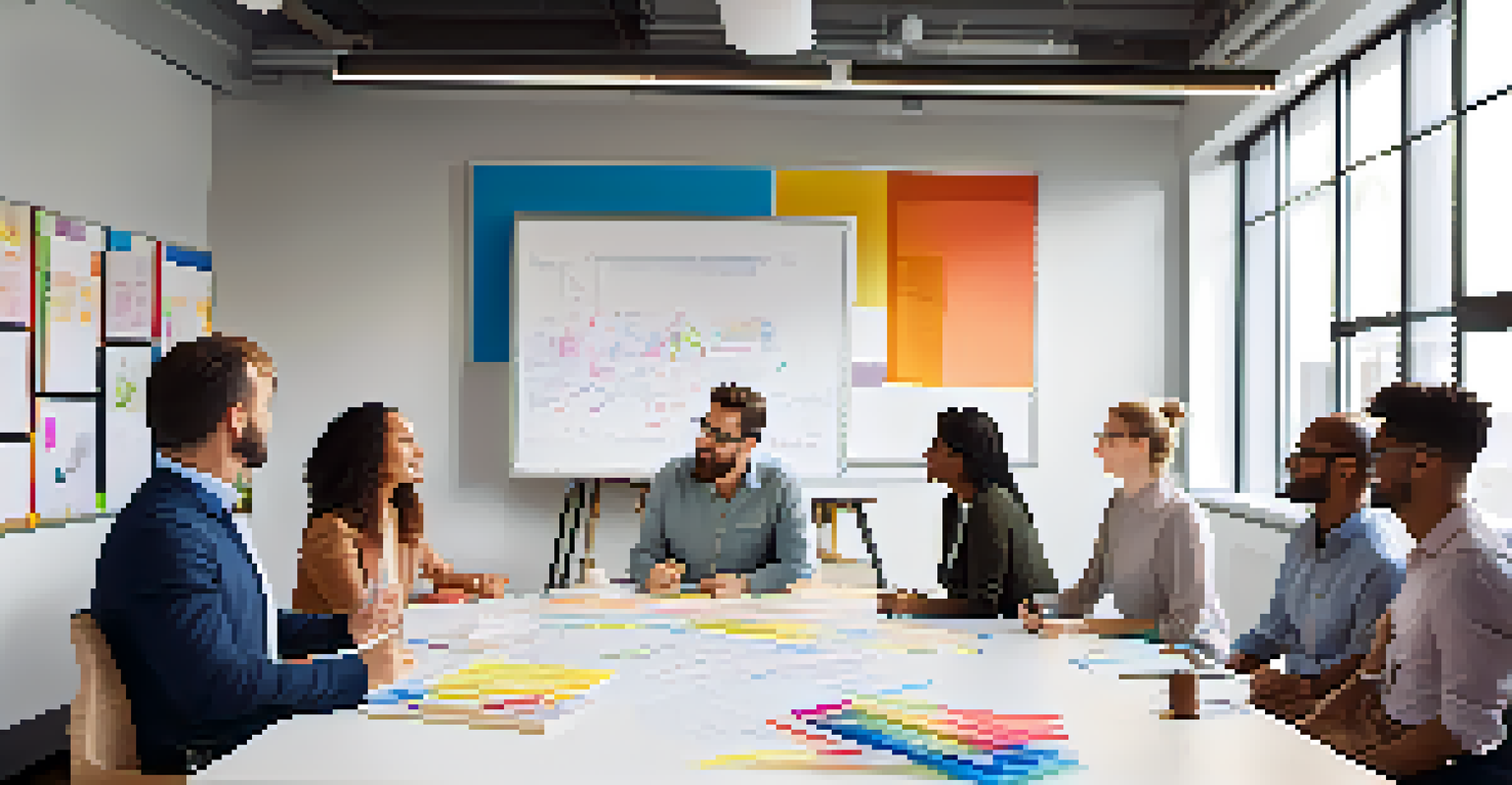 A diverse group of professionals engaged in a learning session in a bright, modern office with a whiteboard.