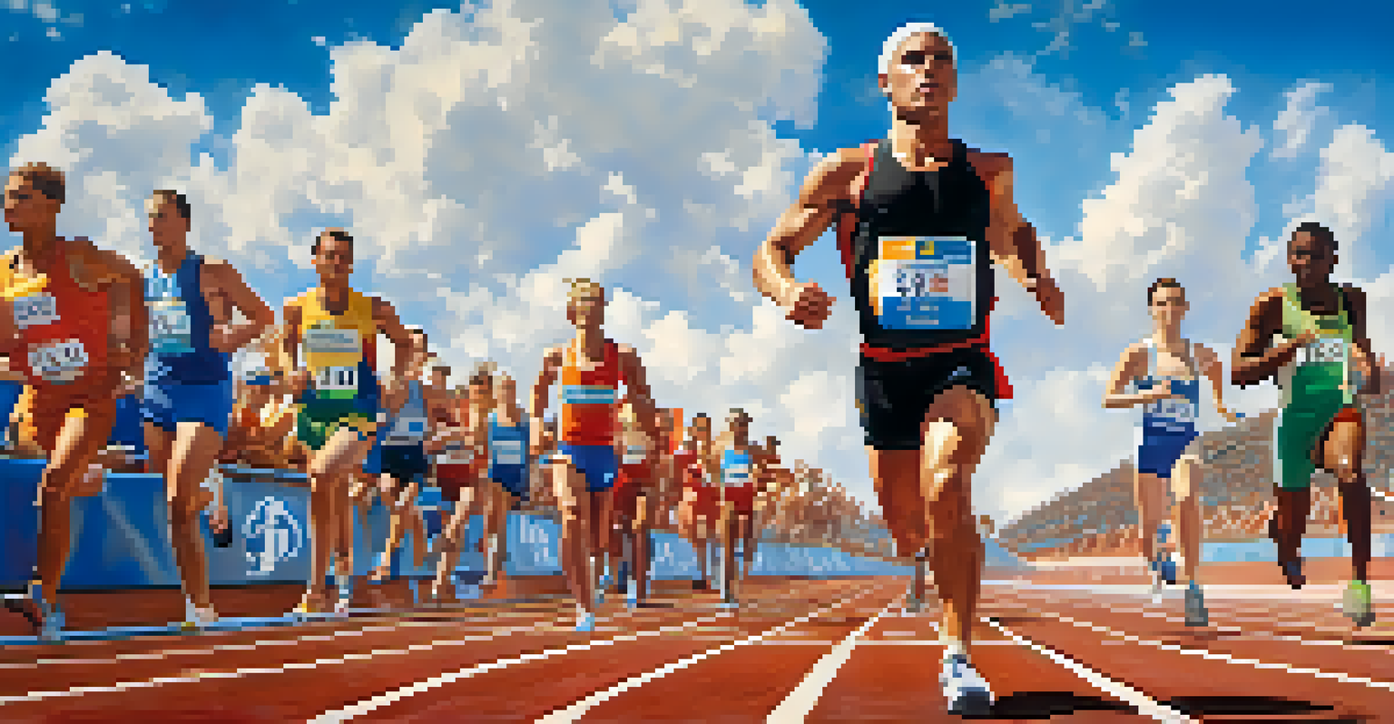 An athlete at the starting line of a race, looking determined with motivational phrases on their arm and a cheering crowd in the background.