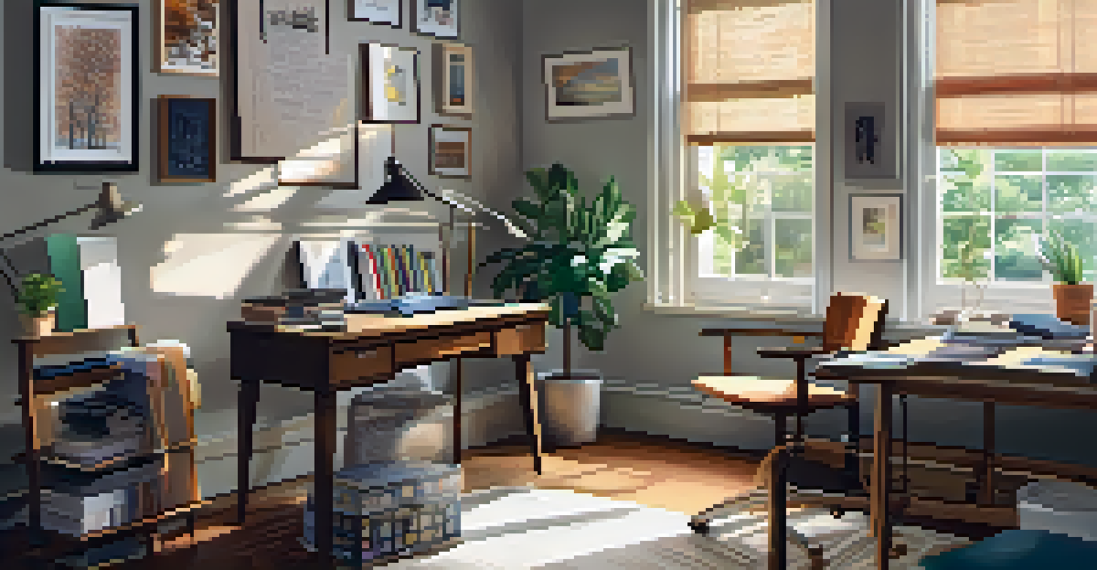 A cozy office nook with personal decorations, a comfortable chair, and a desk filled with creative materials.