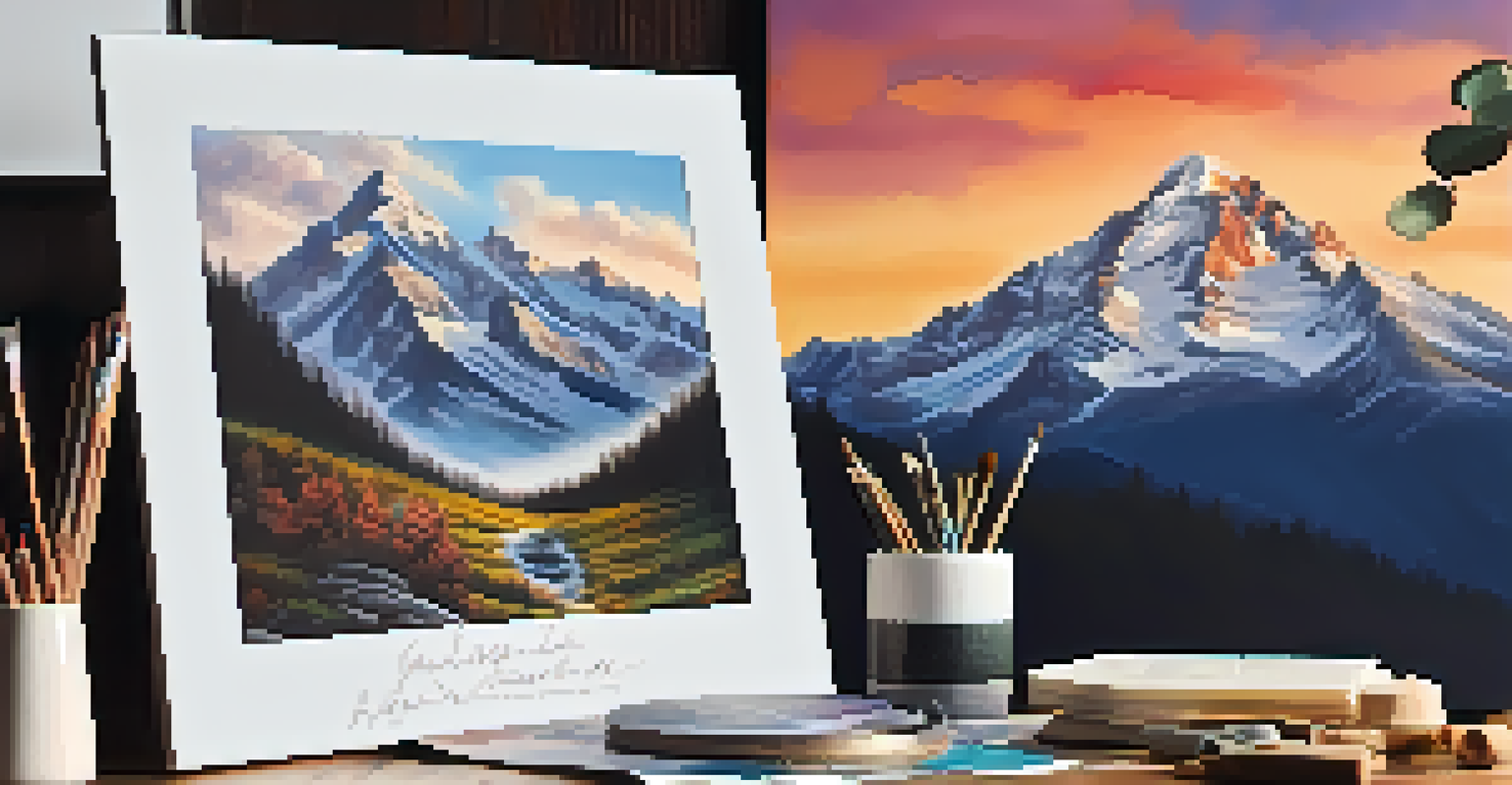 A close-up of a hand placing an image on a vision board, with a mountain and a motivational quote.