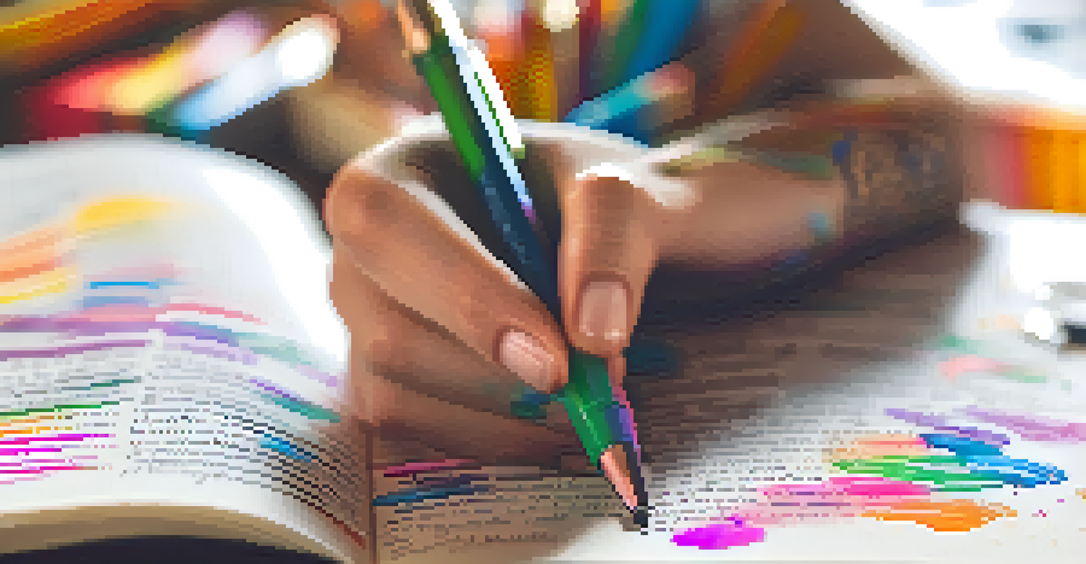 A close-up of a hand writing affirmations in a journal, surrounded by colorful pens.