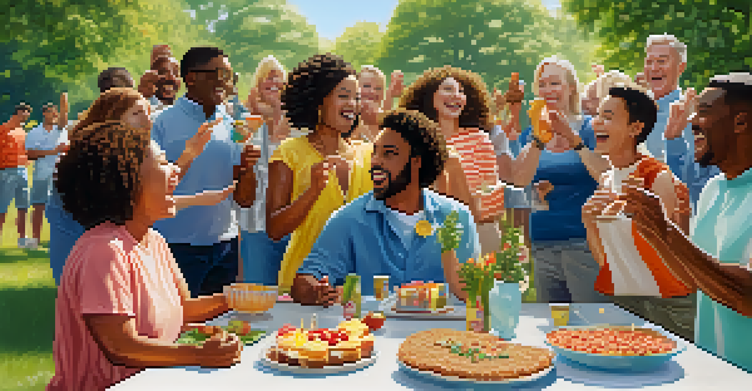 A diverse group of people celebrating success in a sunny park with snacks and a medal.
