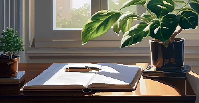 A peaceful workspace with a wooden desk, an open journal, a pen, and a potted plant, illuminated by soft sunlight.