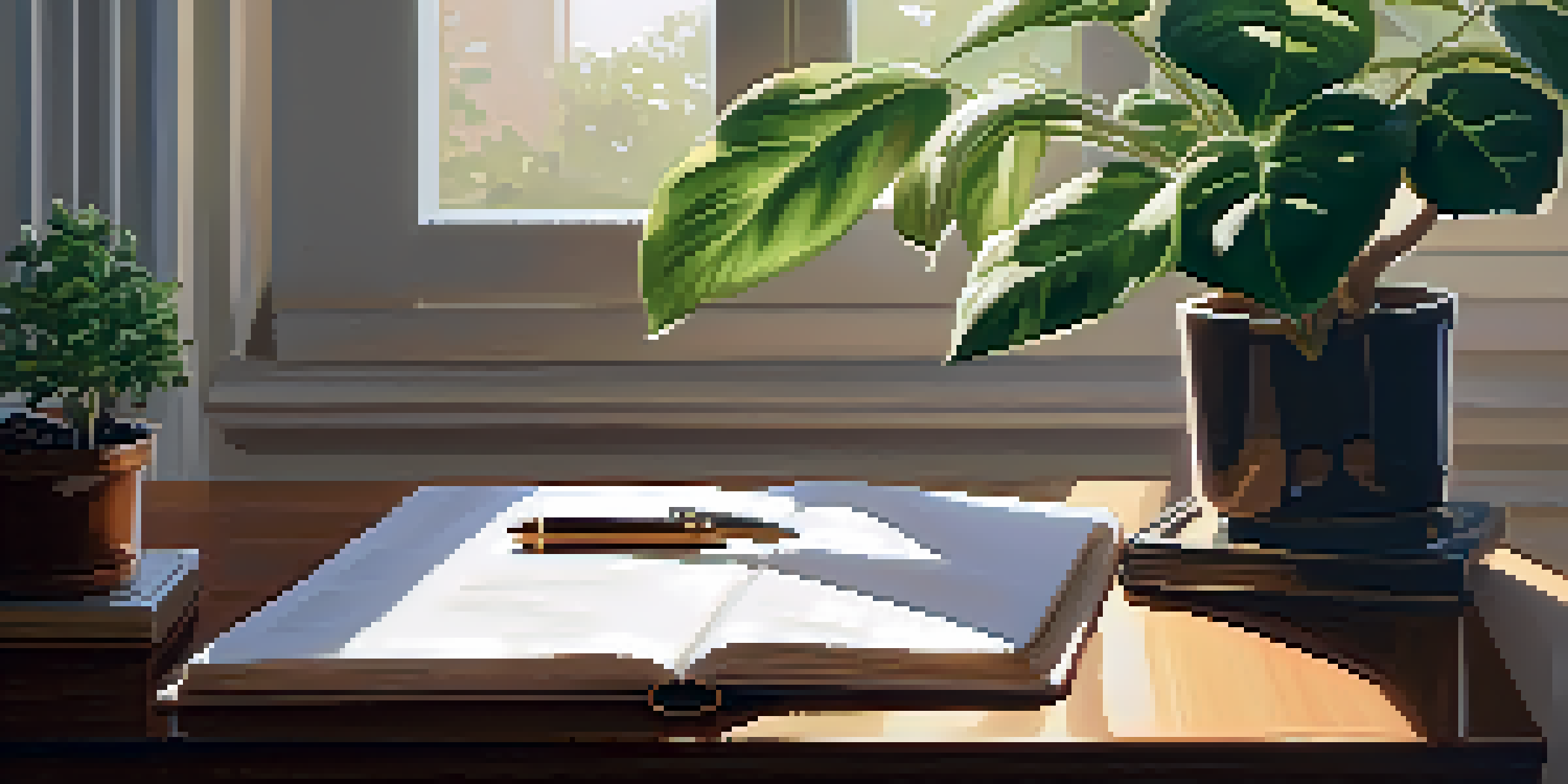 A peaceful workspace with a wooden desk, an open journal, a pen, and a potted plant, illuminated by soft sunlight.