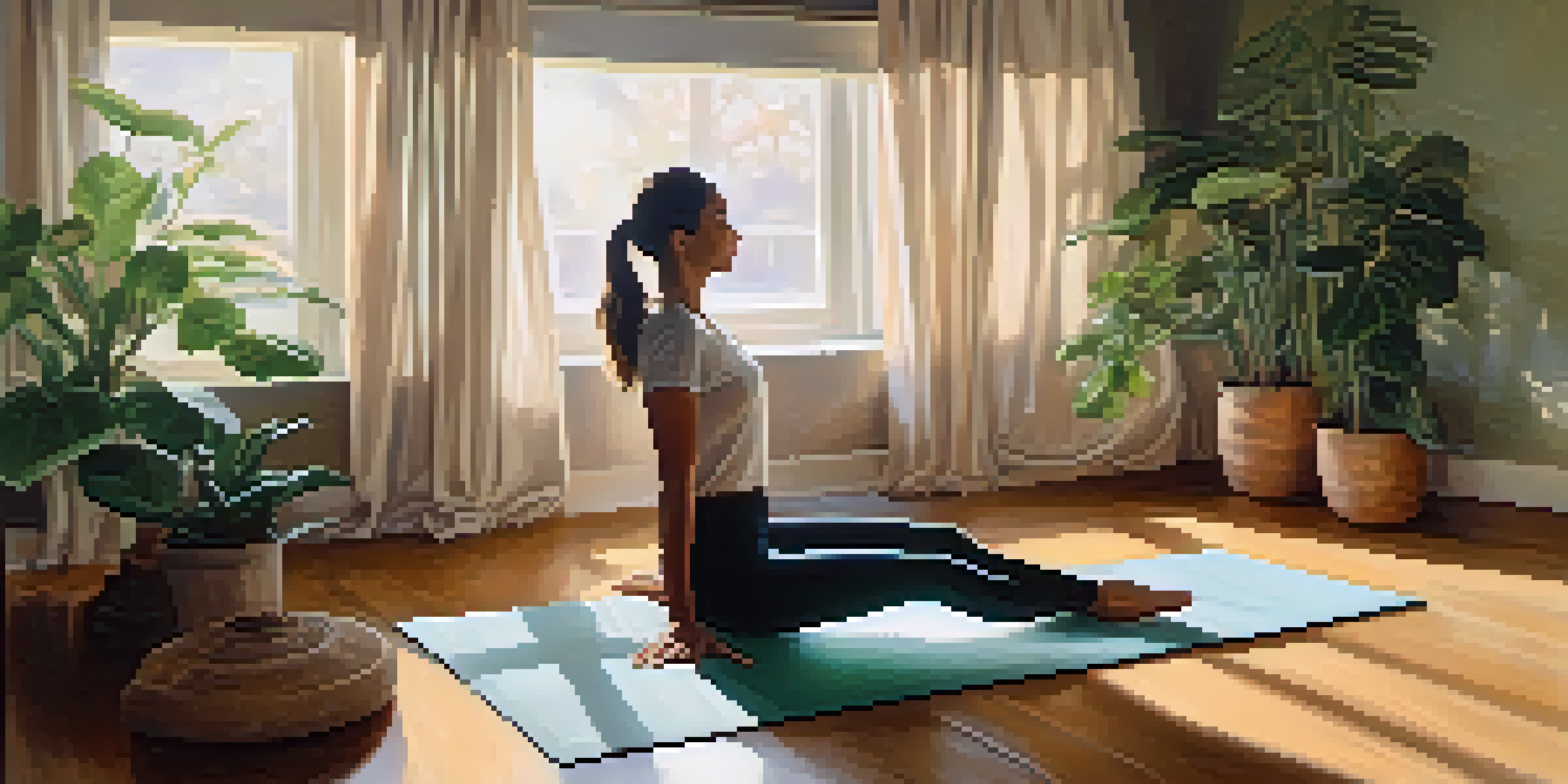 A person lying on a yoga mat practicing diaphragmatic breathing in a calming indoor space filled with plants and natural light.