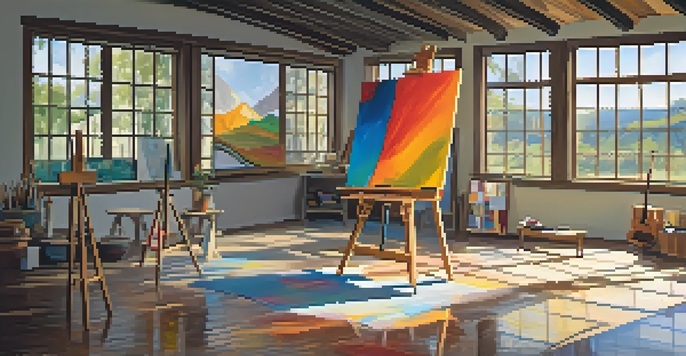 A bright and inviting art studio with colorful paintings, sculptures, and sunlight streaming through the windows.