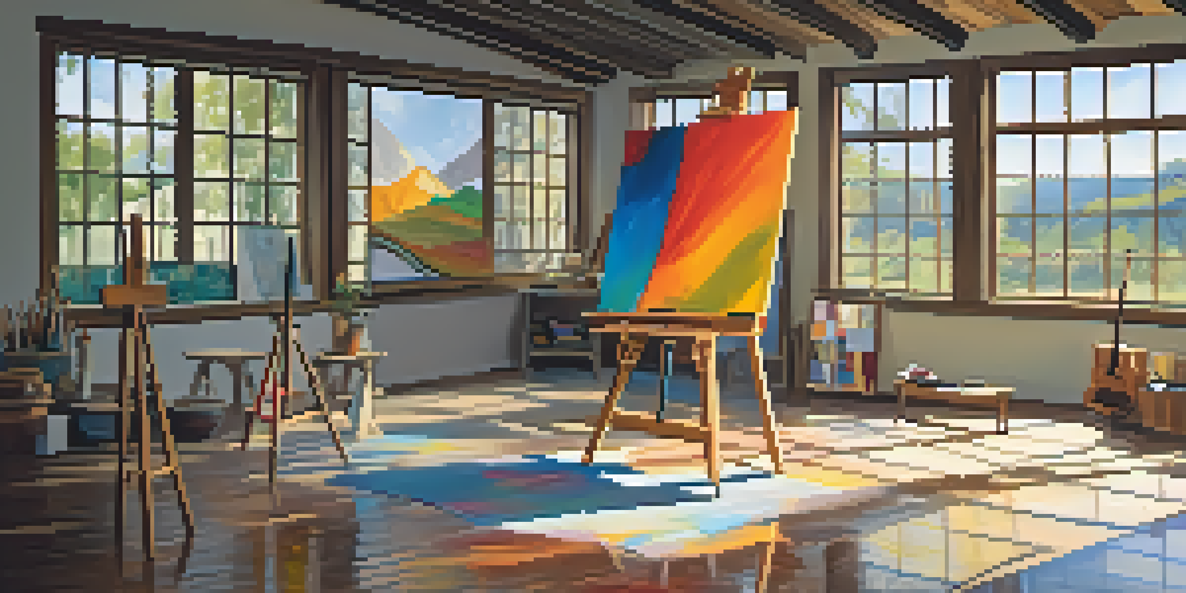 A bright and inviting art studio with colorful paintings, sculptures, and sunlight streaming through the windows.