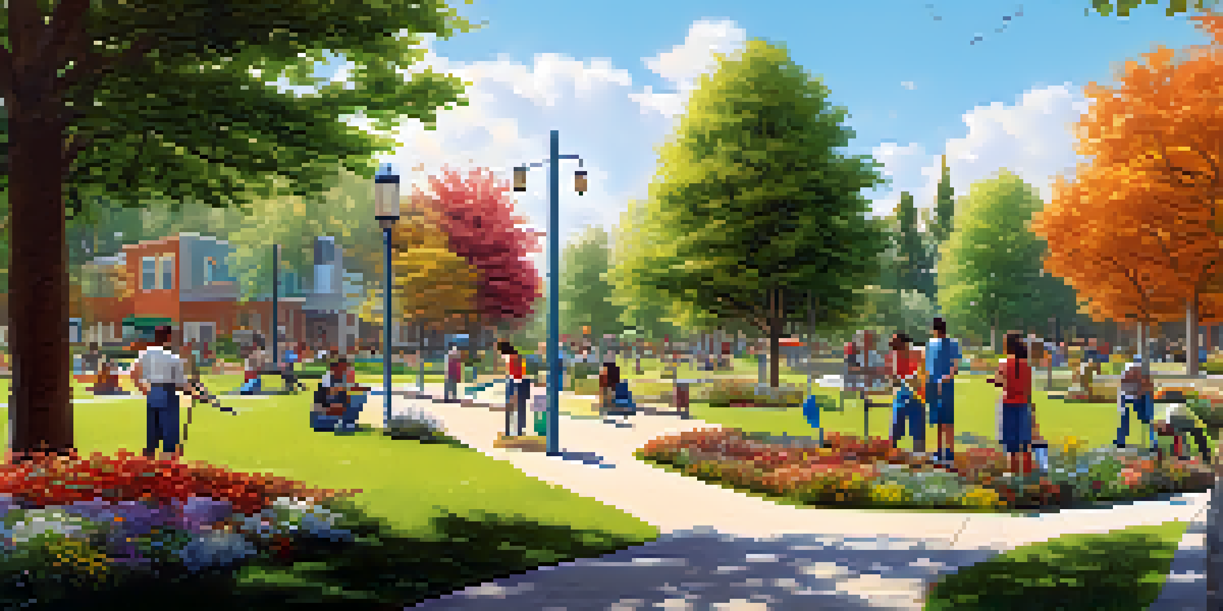 A community park filled with diverse people volunteering, planting trees, and cleaning up, with bright flowers and a clear blue sky.