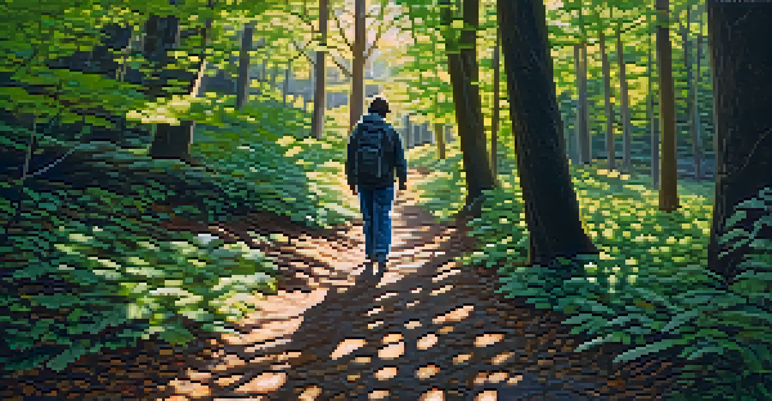 A person practicing mindful walking on a forest path with sunlight filtering through the trees.
