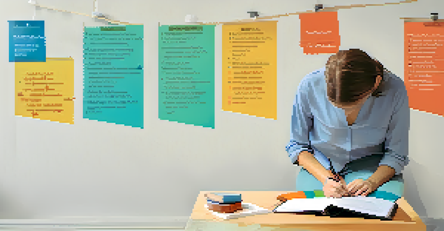 A colorful progress tracking chart on a wall with checkmarks, and a person writing in a journal nearby, surrounded by motivational quotes and a plant.