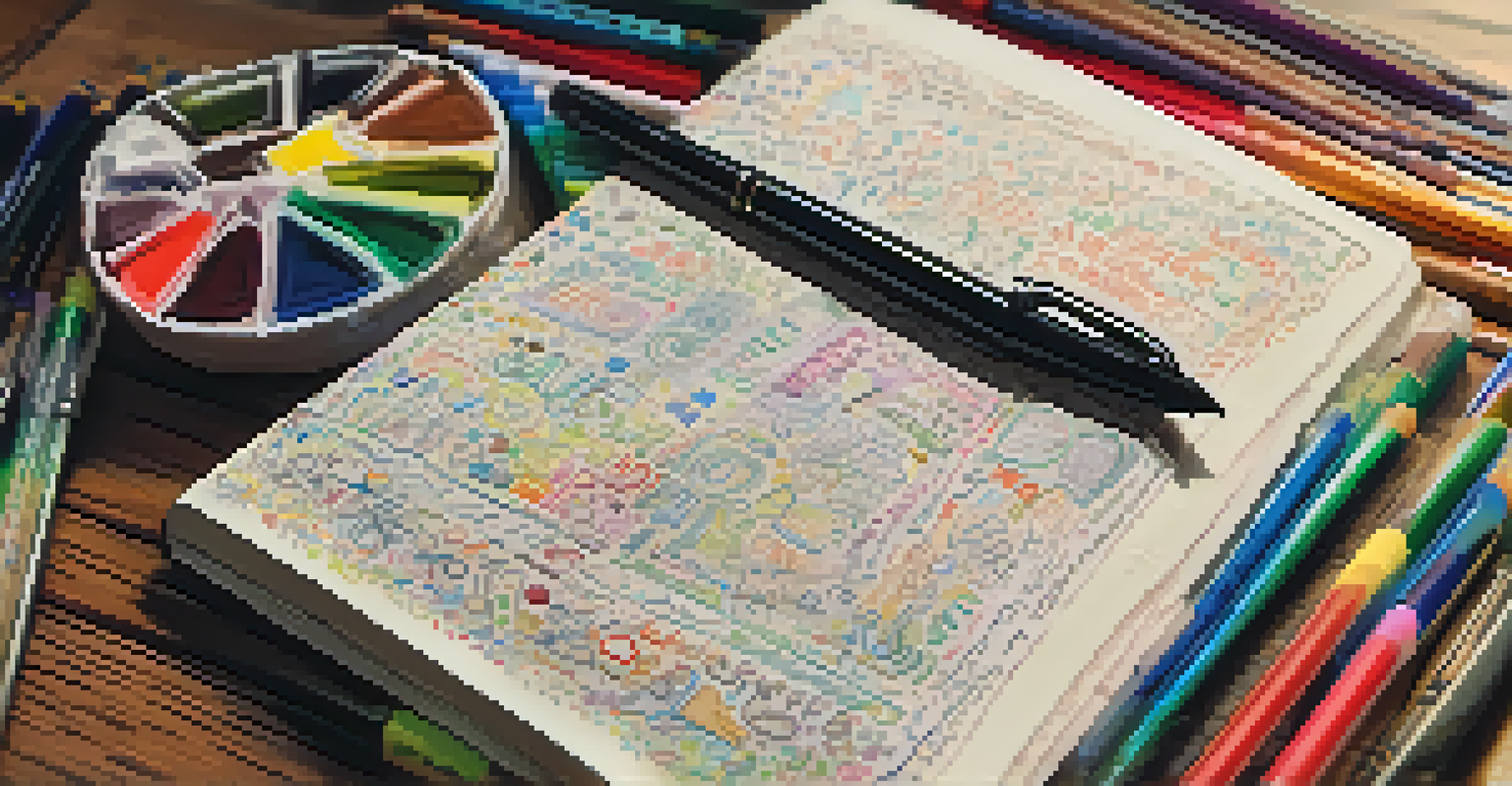 A detailed view of a handwritten journal with colorful doodles and art supplies on a wooden table.