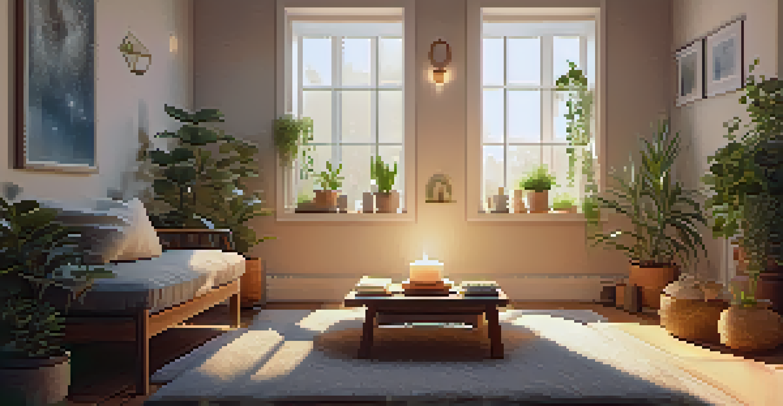 A tranquil meditation space with a cushion, plants, and soft candlelight, featuring a journal and a cup of tea.