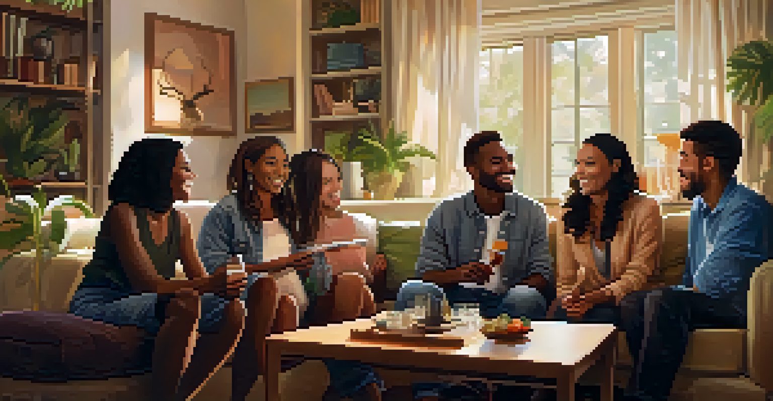 A diverse group of friends in a cozy living room, smiling and talking, creating a supportive atmosphere.
