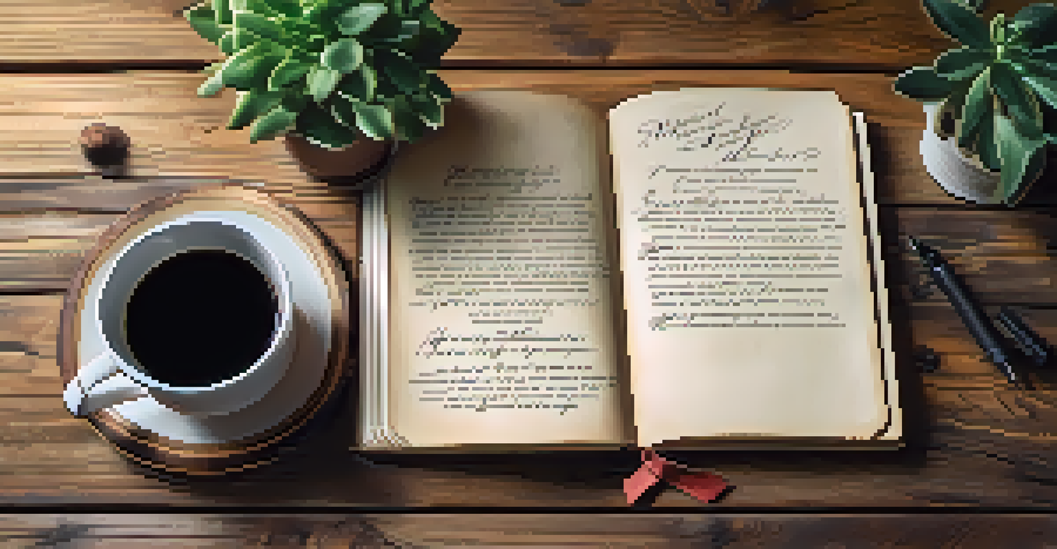 A handwritten vision statement on a wooden table, accompanied by a potted plant and a cup of coffee.