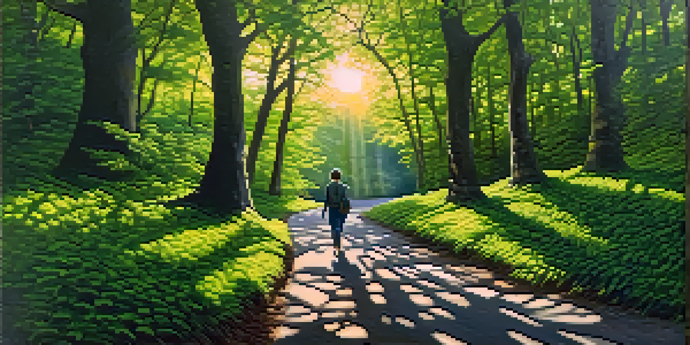 A peaceful forest scene with a winding road, sunlight shining through the trees, and a person walking, representing personal growth.