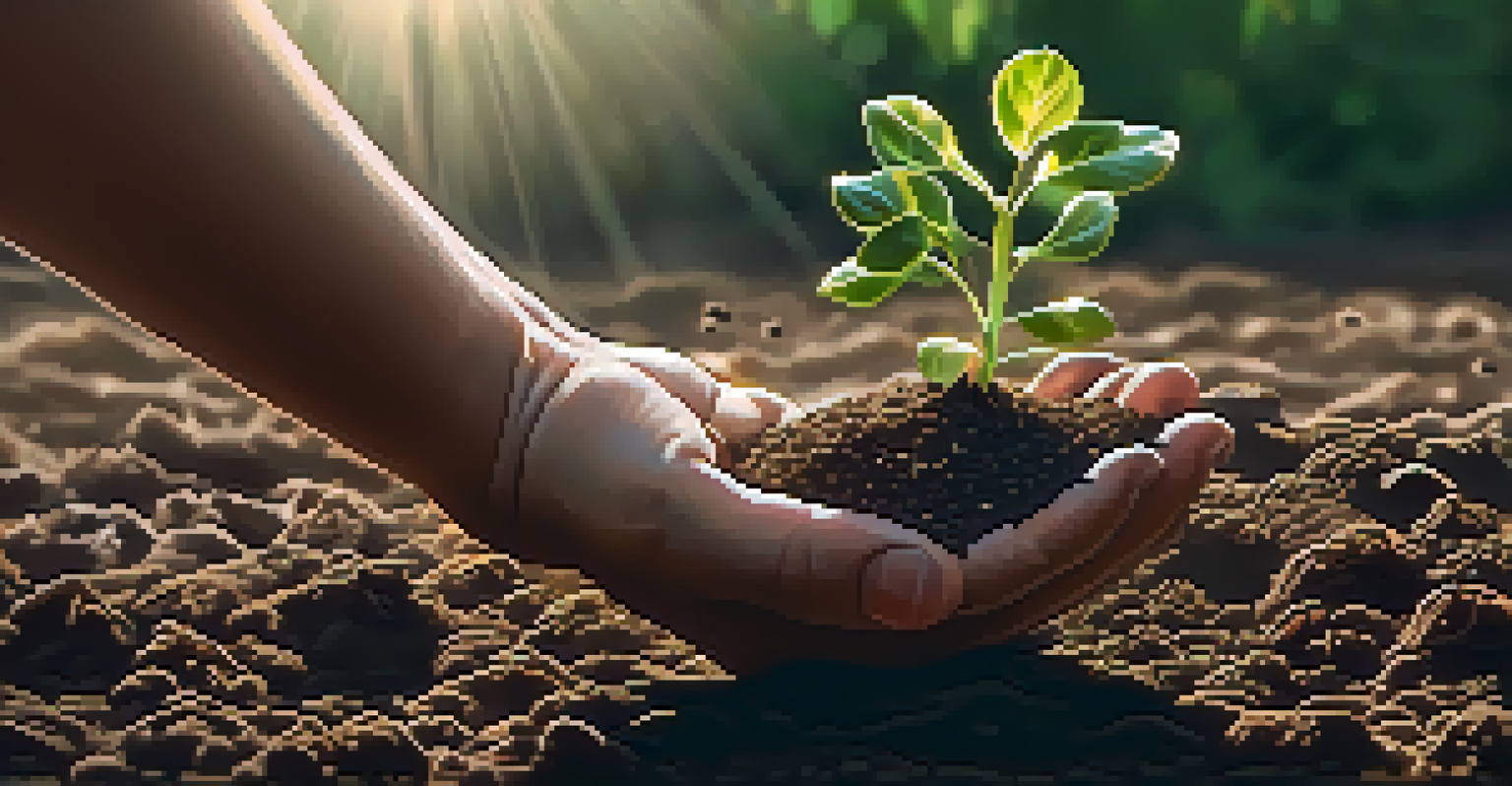 A hand planting a seed in soil, with small green sprouts around it, symbolizing growth and nurturing.