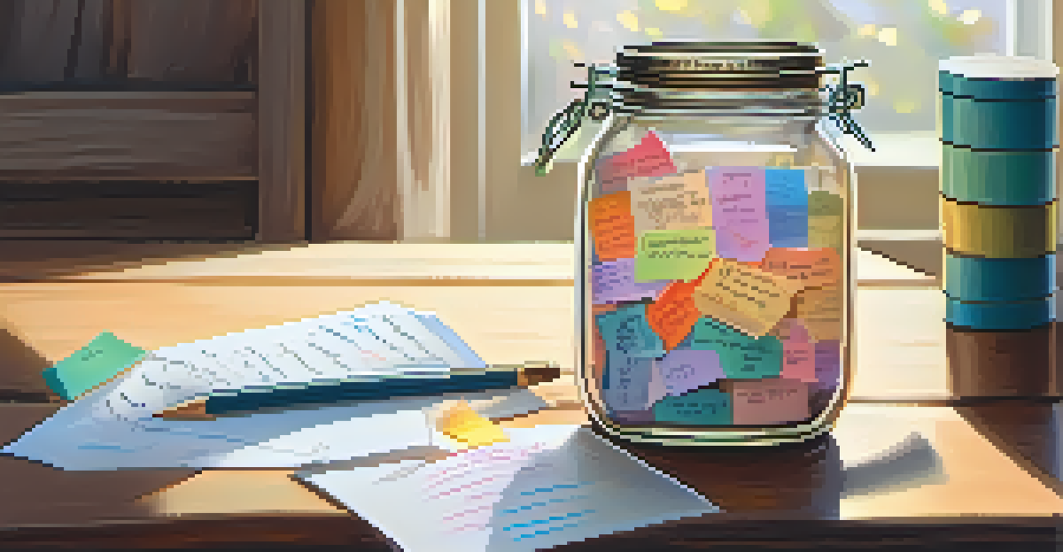 A gratitude jar filled with colorful notes on a wooden table, illuminated by soft natural light.