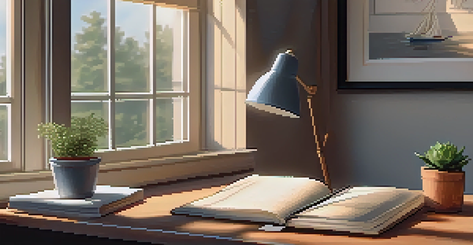 A peaceful workspace featuring a wooden desk, an open journal with a pen, and a small potted plant, illuminated by soft morning light.