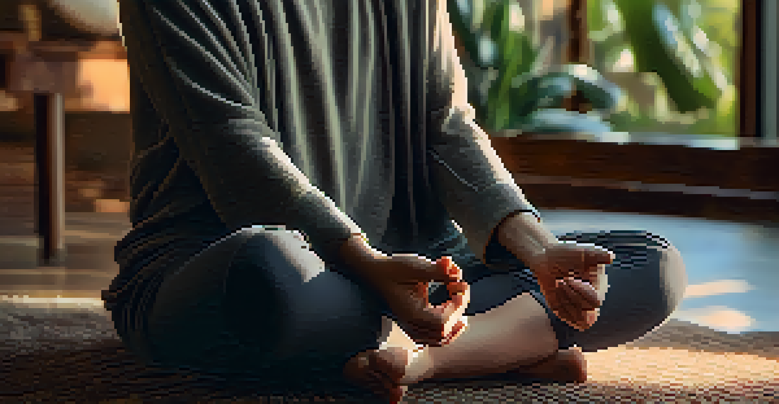 Close-up of hands resting on knees in a meditative pose with a cozy indoor background.