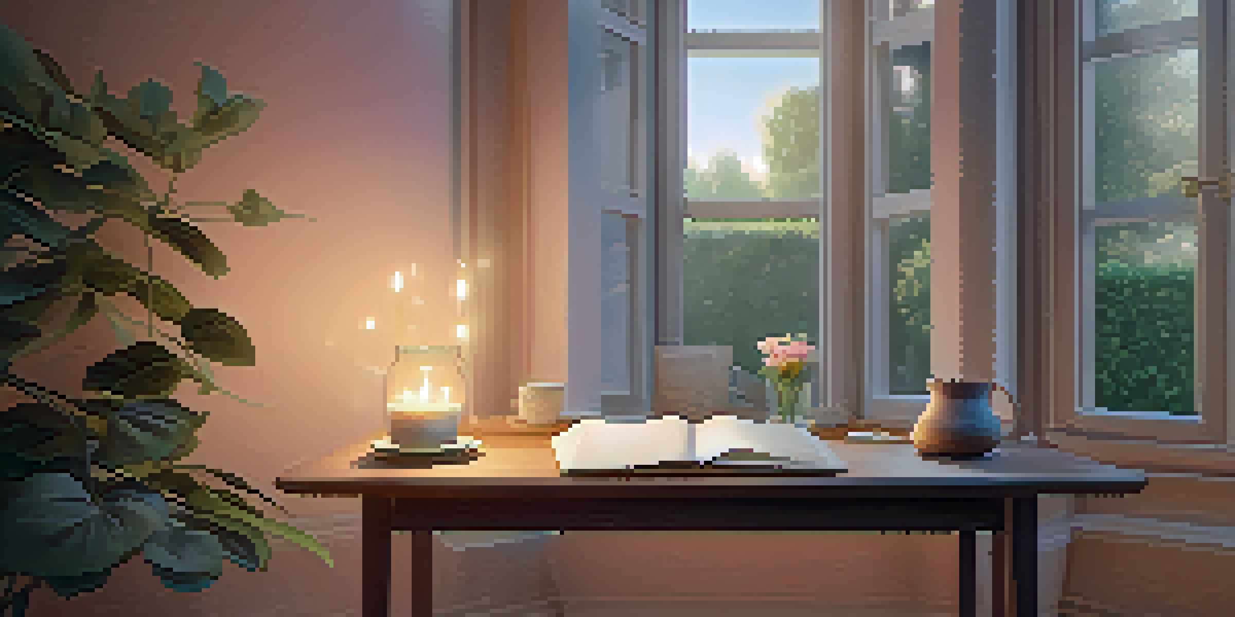 A cozy nook designed for visualization, with soft lighting, pastel colors, and a view of a tranquil garden.
