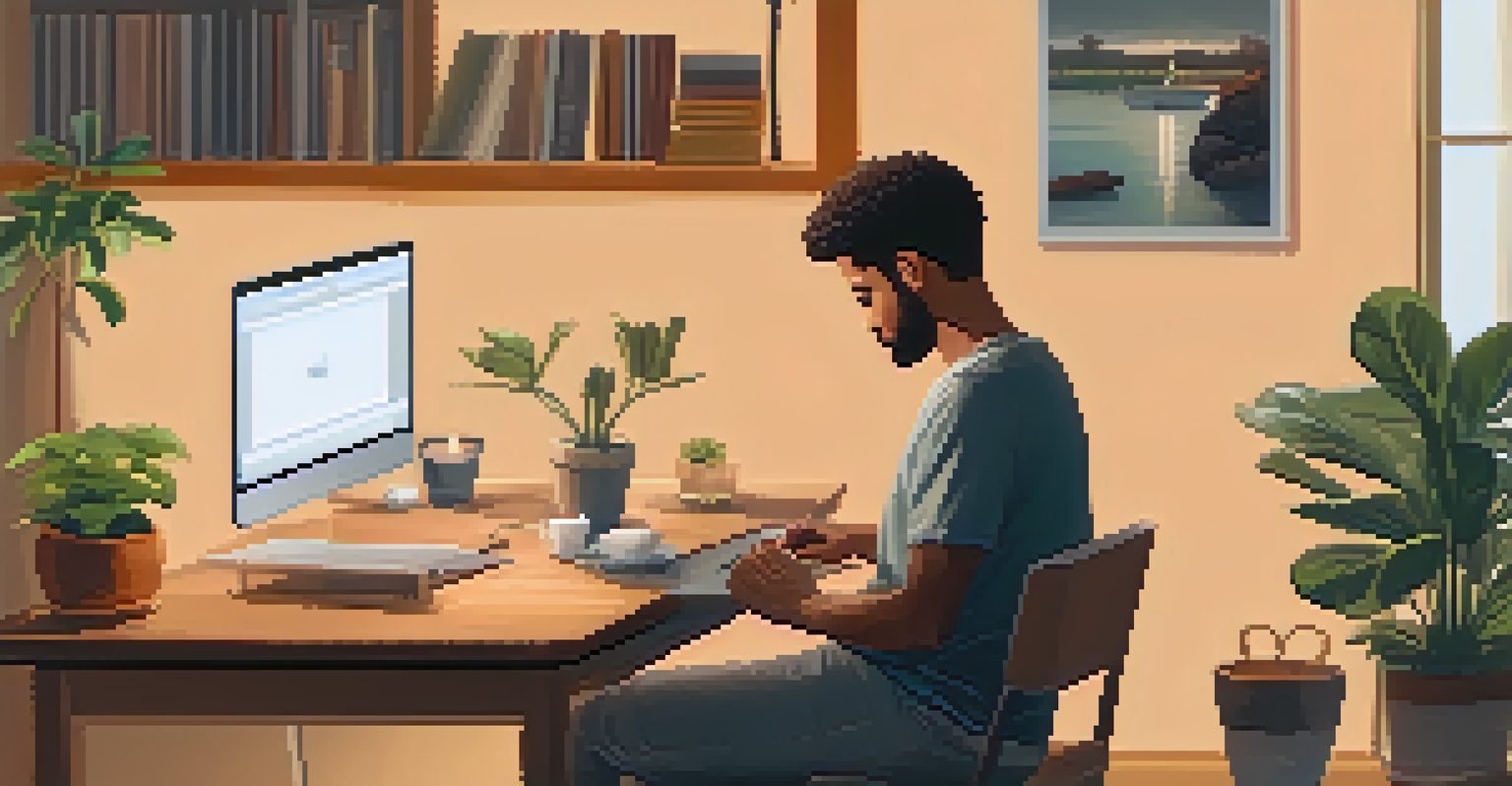 A person engaged in online learning at a home workspace, surrounded by books and a warm, inviting atmosphere.
