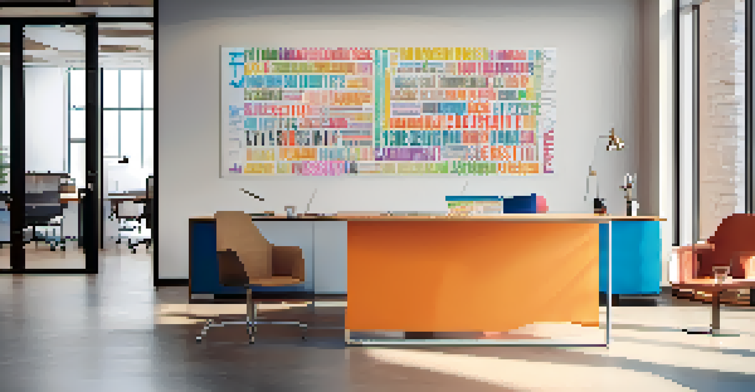 A canvas displaying a personal brand statement in a modern office, with colorful graphics and a stylish desk.