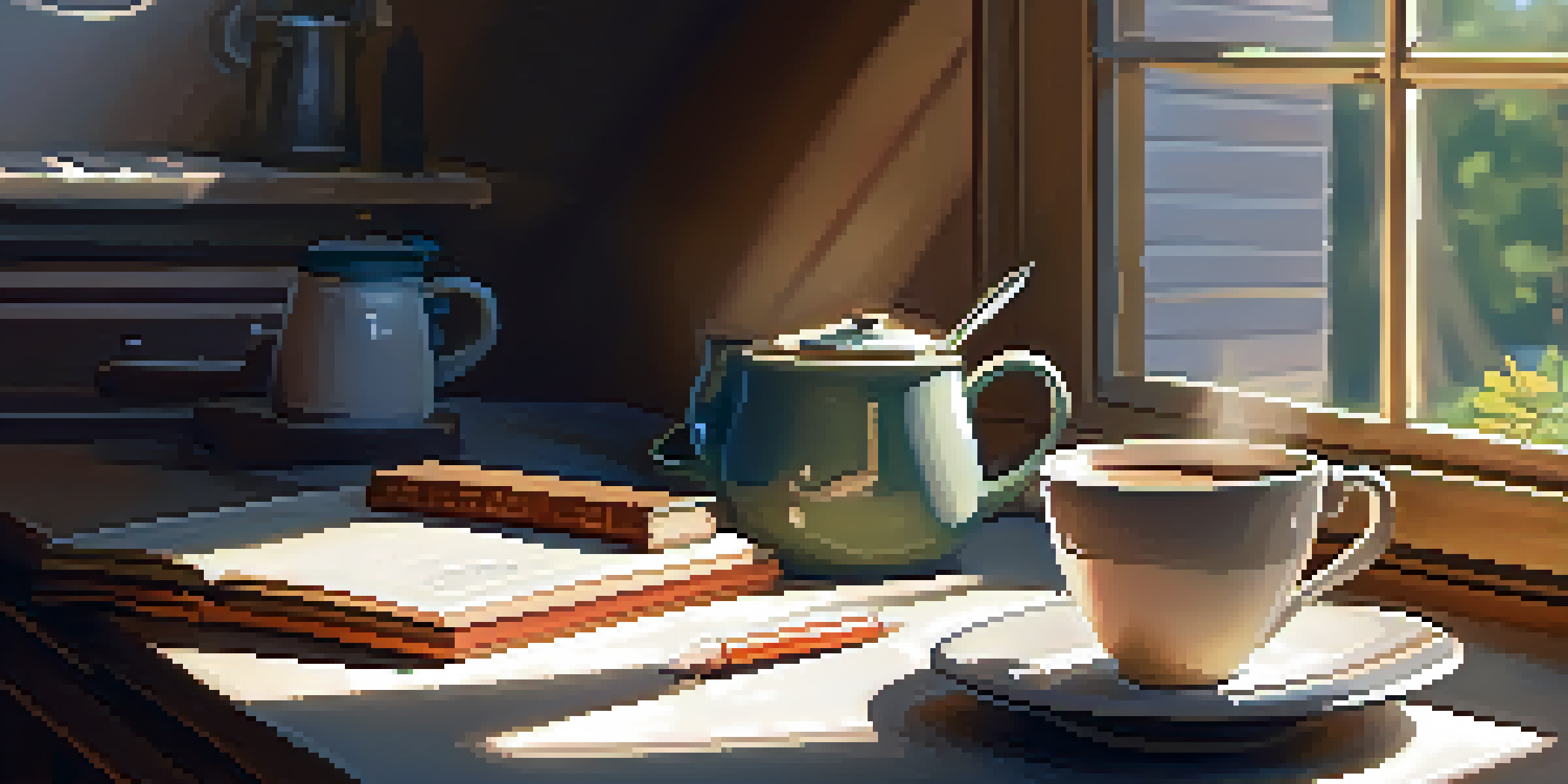 A cozy kitchen with a steaming cup of coffee on a wooden table, a notepad and pen, and sunlight filtering through a window.