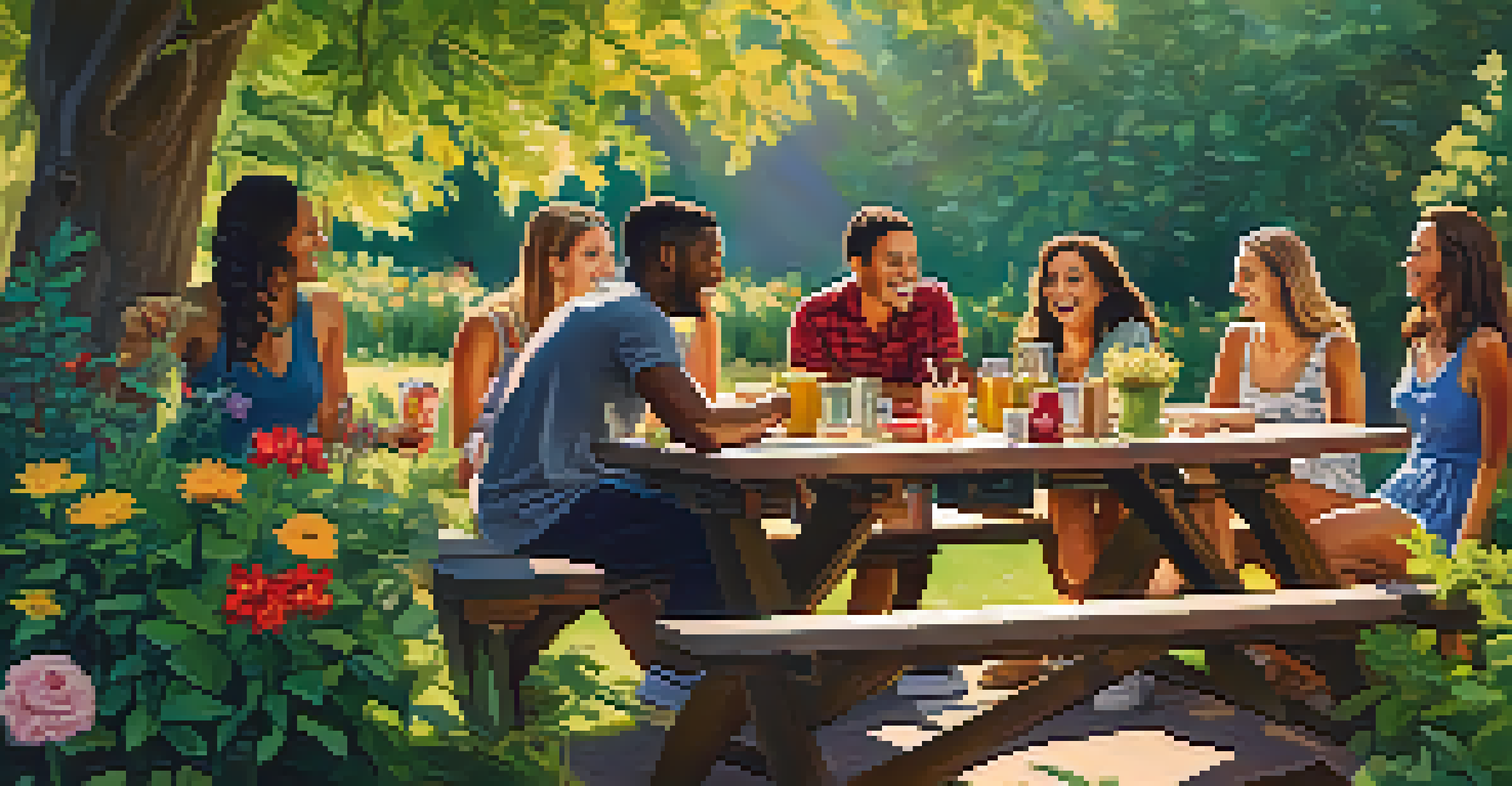 A diverse group of friends enjoying a joyful moment at a picnic table in a lush green park, surrounded by colorful flowers under warm sunlight.