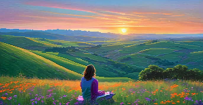 A person sitting on a grassy hilltop journaling, with a sunset and rolling hills in the background.