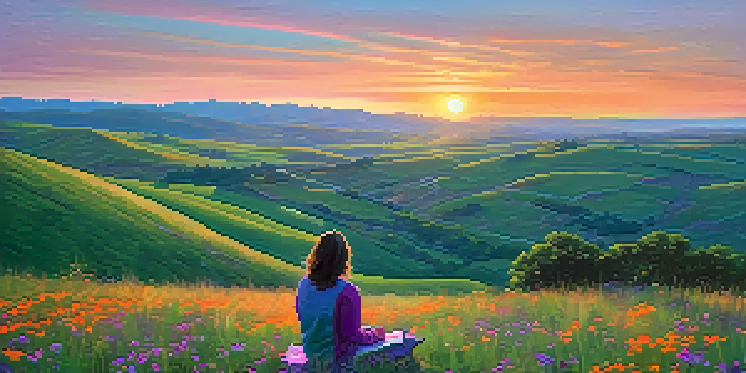 A person sitting on a grassy hilltop journaling, with a sunset and rolling hills in the background.