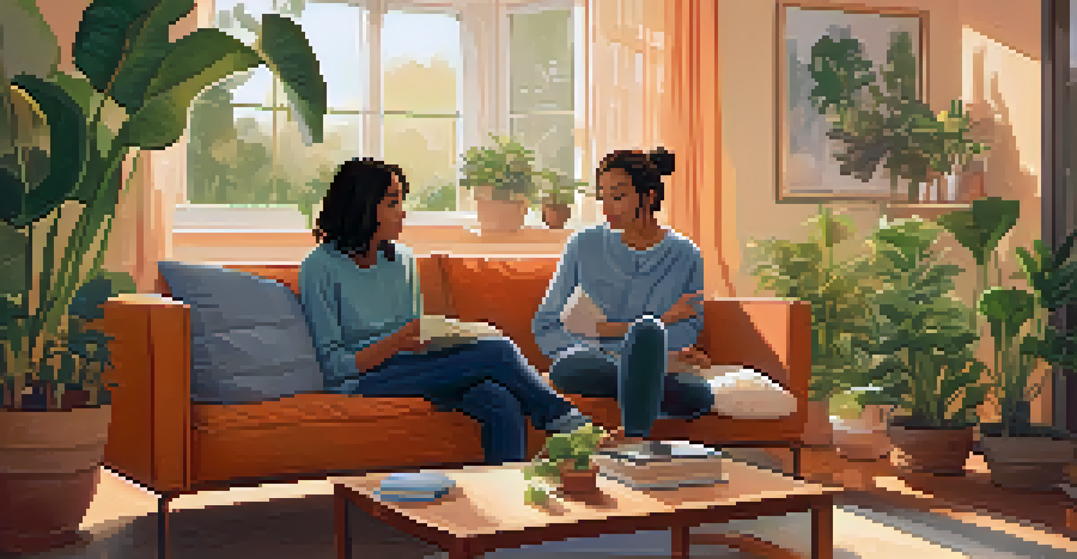 Two friends in a cozy living room practicing assertiveness and active listening on a couch.