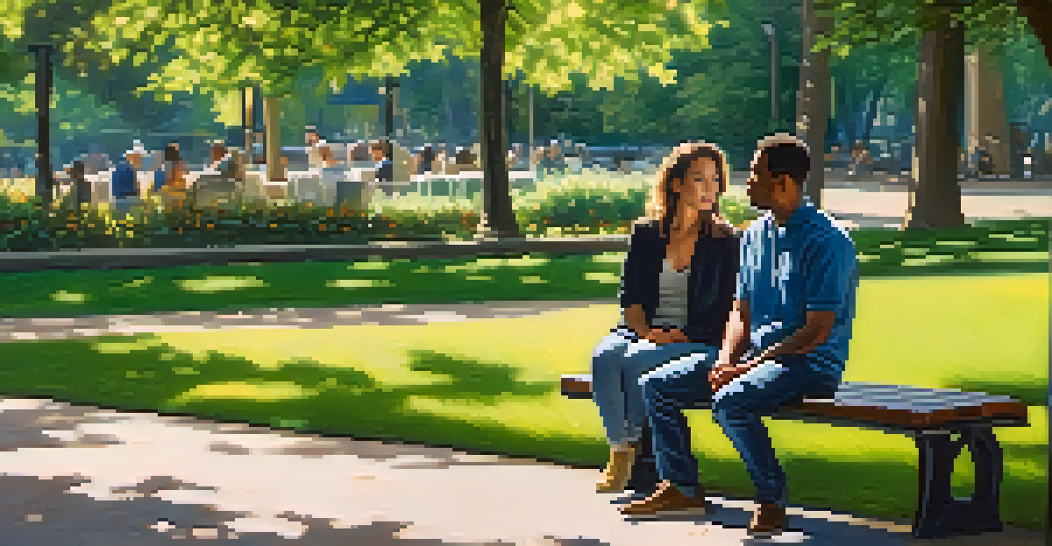 Two individuals seated on a park bench engaged in a deep conversation, surrounded by a peaceful natural setting.