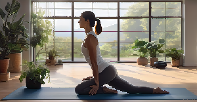 A peaceful yoga studio with a person practicing downward dog amidst soft lighting and plants.