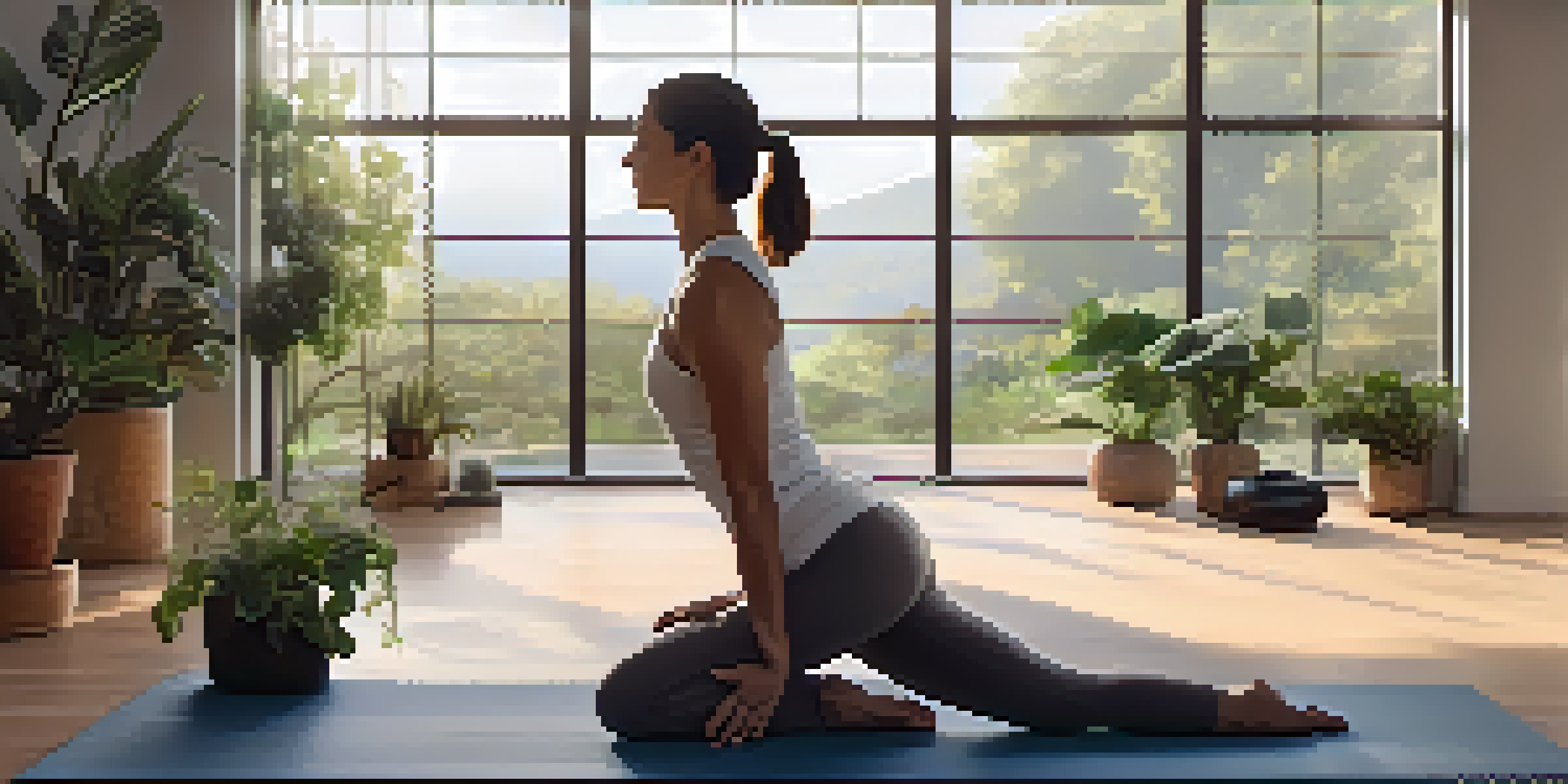 A peaceful yoga studio with a person practicing downward dog amidst soft lighting and plants.